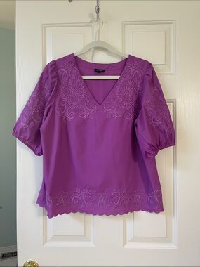 Talbots Purple Embroidered V-Neck Puff Sleeve Blouse ~ L